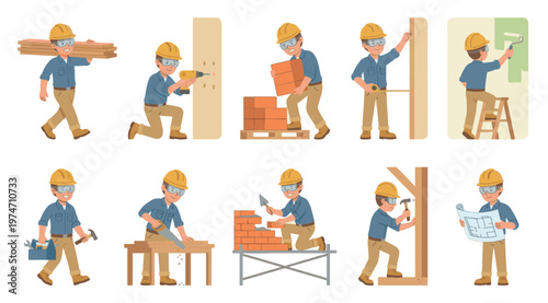 A skilled male construction worker performs various building tasks including carrying lumber, drilling, stacking bricks, measuring, painting, sawing, framing, and reviewing blueprints.