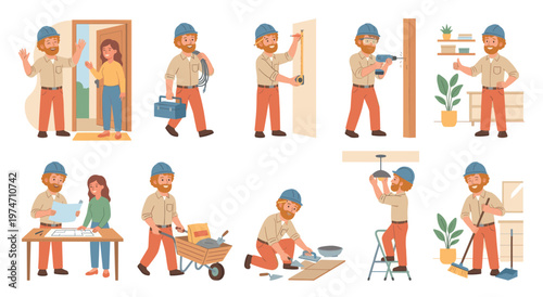 A friendly construction worker is shown in multiple scenes performing various home renovation tasks, including greeting a client and installing a light fixture.