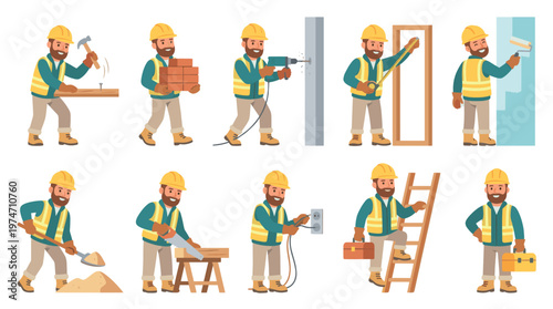 A friendly construction worker in safety gear performs diverse tasks including hammering, carrying bricks, drilling, measuring, painting, shoveling, sawing, wiring, climbing a ladder, and holding