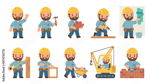 Cheerful cartoon construction worker in yellow hard hat performs various building tasks like bricklaying, painting, and operating machinery.