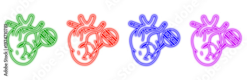A set of colorful neon heart icons with magnified sections, representing the cardiovascular system, medical research, and cardiology concepts in a modern abstract style.