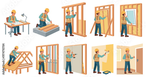 A skilled construction worker performs various stages of home building, from planning and framing to painting and completion.