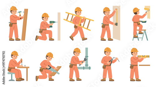 A set of ten illustrations depicting a cartoon construction worker performing various tasks like hammering, drilling, painting, and plumbing, all in a friendly, minimalist style.