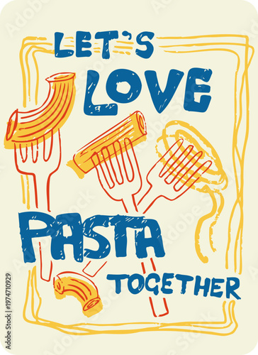Pasta Forks Retro Style Doodle Poster. Yellow Red Blue Doodle Illustration