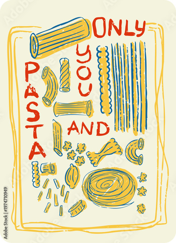 Love Pasta Retro Style Doodle Poster. Yellow Red Blue Doodle Illustration