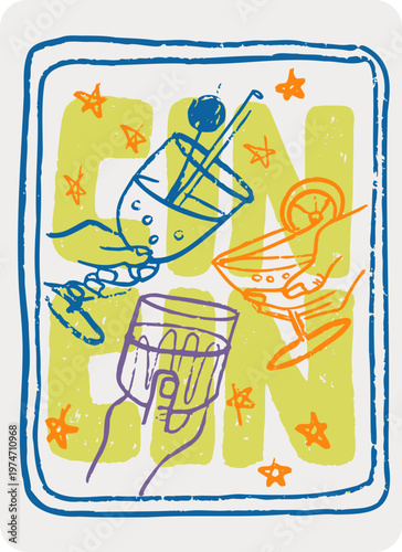 Cocktail Party Hands Holding Glasses Chin Chin Retro style Poster. Celebrate Carefree Spirit Life Simple Pleasures. Yellow Orange Blue Doodle Illustration