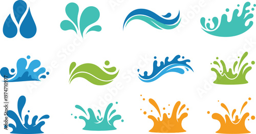 A collection of twelve stylized vector icons representing various water splashes and liquid flows