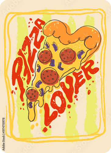 Love Cheese Pepperoni Pizza Retro Style Doodle Poster. Yellow Red Orange Doodle Illustration