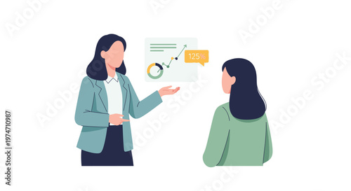 Two women discussing business presentation data analysis.