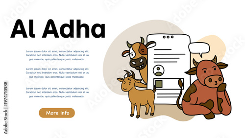 islamic festival celebration with cute cows and goats near modern smartphone screen