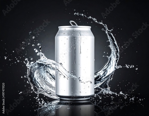 A sleek, metallic beverage container sits centered amidst an arc of splashing liquid against a deep, dark background