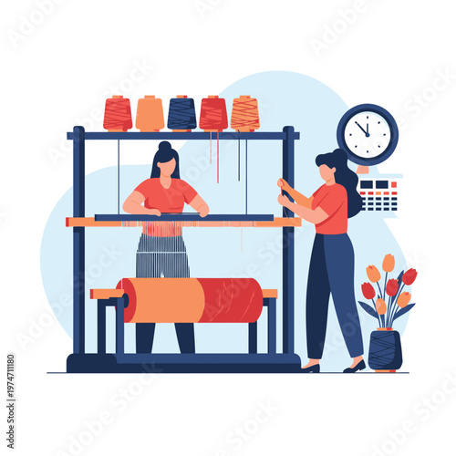 Two women operating a large weaving loom with colorful threads.