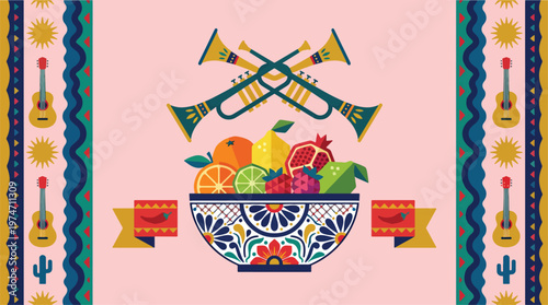Colorful Mexican cinco de mayo celebration with eagle serpent symbol cacti and traditional pyramid motifs on green background vector illustration.