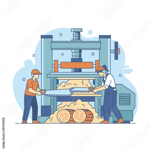 Two workers operating a large industrial wood cutting machine.