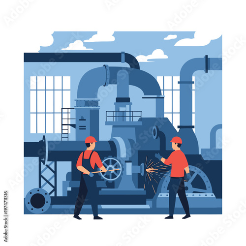 Two workers in a factory operating heavy machinery.
