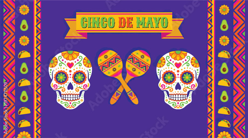Lively Mexican cinco de mayo party banner with ornate fruit bowl crossed trumpets and festive borders featuring guitars and cacti on pink vector illustration.