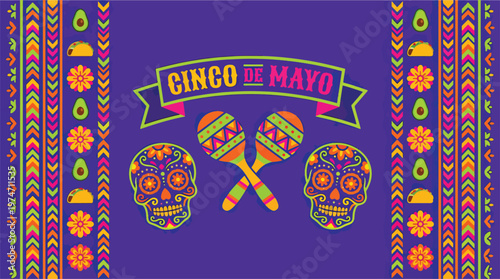 Cinco de mayo celebration background with decorative sugar skulls maracas and traditional mexican patterns in vibrant purple colors for holiday event.