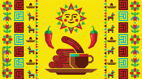 Mexican fiesta background with churros and coffee mug on yellow background featuring sun character with red chili peppers and traditional patterns.