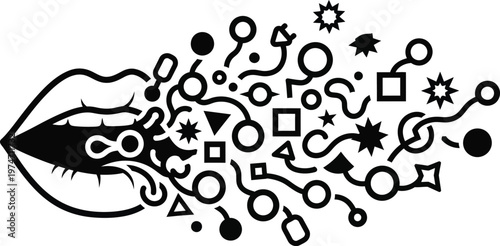 Lips blowing out creative symbols and shapes