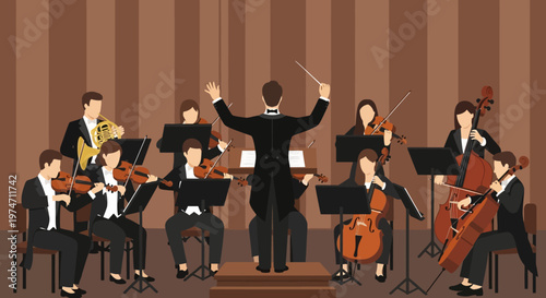 Illustration of a symphony orchestra performing on stage with a conductor leading the musicians.