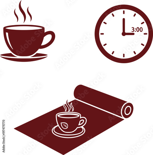 A minimalist graphic depicting a steaming hot cup of coffee next to a clock set at three o'clock