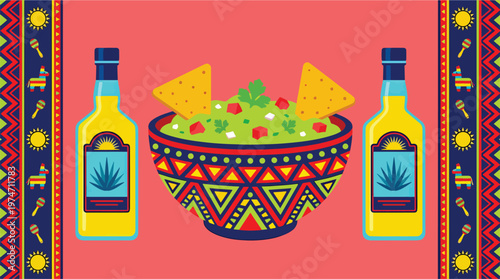 Mexican fiesta banner with guacamole and tequila bottles colorful design with traditional ornaments and sun symbols festive and celebratory theme.