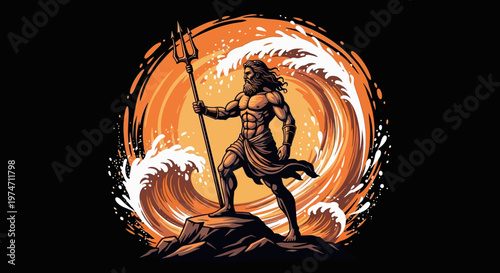 Illustration of a muscular man holding a trident in front of a large orange wave with white foam on a black background