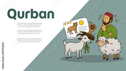 man choosing sacrificial goat and sheep for qurban during islamic holiday event