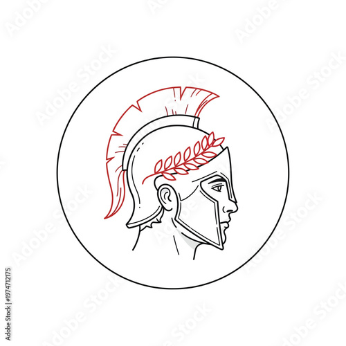 Spartan Warrior Profile Logo with Red Laurel Wreath and Helmet Plume - Minimalist Greek Hero Vector Illustration