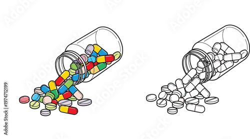 Spilled Medical Pills and Capsules from Transparent Bottle Illustration Set, Colorful and Black and White Line Art Vector for Healthcare, Pharmacy, and Medication Concepts