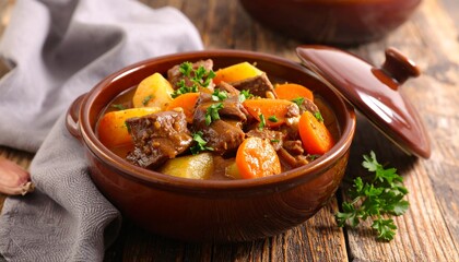 A hearty beef stew with carrots, potatoes, and herbs in a brown ceramic pot on a rustic wooden table.