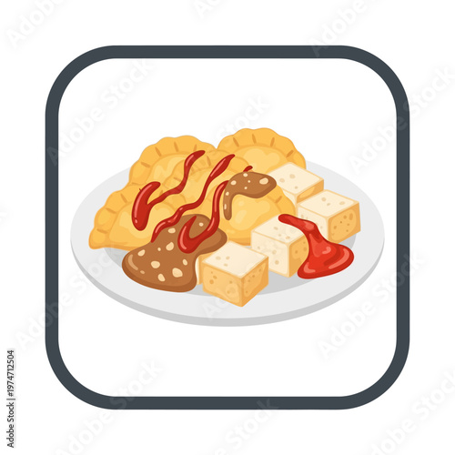 A close-up illustration of savory pastries and tofu cubes drizzled with sauce on a plate