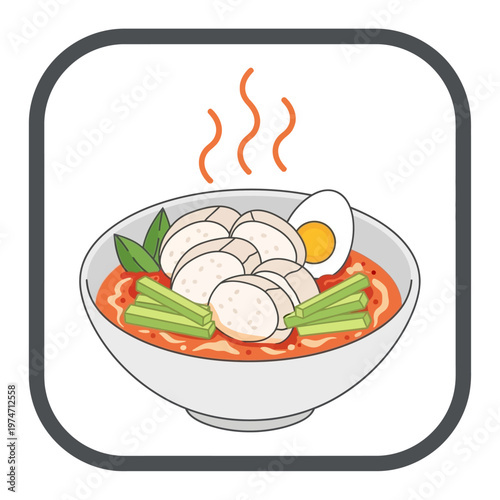Modern vector illustration of a steaming bowl of flavorful Asian curry noodle soup, featuring tender chicken and egg