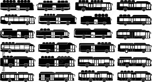 Set of hydrogen fuel cell bus silhouettes, eco friendly green public transportation icons, urban electric vehicle symbols, sustainable city transit illustrations, clean energy vector.