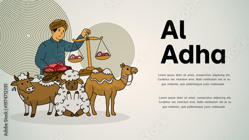 weighing sacrificial meat for distribution during qurban festival with various farm animals