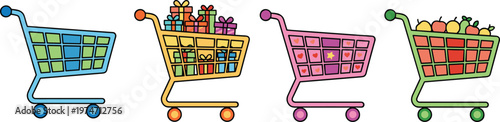 Colorful shopping cart icons set with grocery baskets filled with gift boxes fruits and hearts for retail and ecommerce vector.