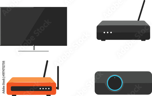 Set of home entertainment and networking devices featuring smart TV, wireless router, modem, and digital projector vector icons.
