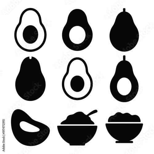 Avocado icons collection featuring whole, half, sliced, and mashed guacamole bowls