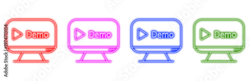 Set of colorful neon demo monitor icons with glowing outlines, perfect for online video tutorials, presentations, and modern digital technology concepts.