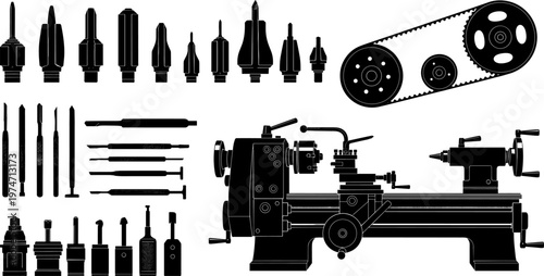 Metalworking Industrial Lathe Machine and Mechanical Tool Kit Silhouette, Including Turning Bits, Timing Belts, Pulleys, Hand Files, and Precision Engineering Hardware for Manufacturing.