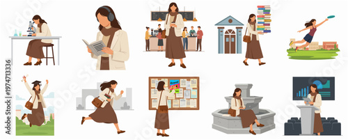 Flat Illustration Set of University Student Activities in Various Locations