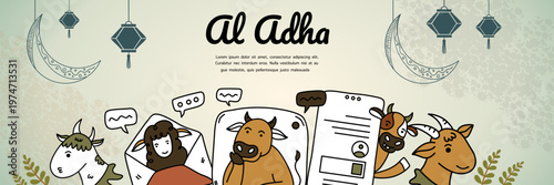 comic style collage of various cows and goats for qurban festival banner