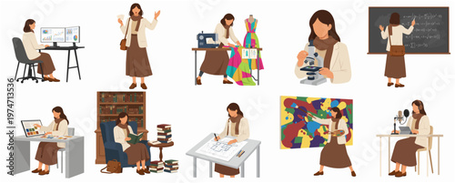 Modern Flat Style Diverse Professional Woman Occupations and Activities Illustration Set