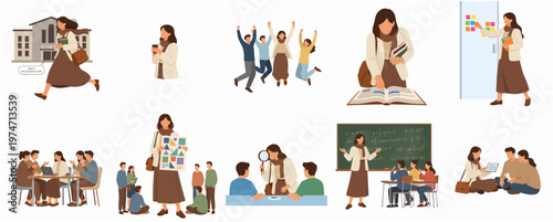 Flat Illustration Woman Teacher in Various Education and Learning Activities Set