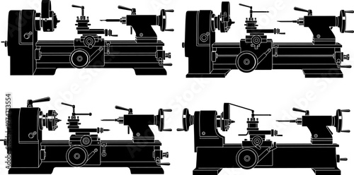 Manual Metal Lathe Machine Silhouette Set for Industrial Engineering, Precision Turning Tooling Equipment, Professional Workshop Hardware Vector Illustration for Manufacturing and Technical Design
