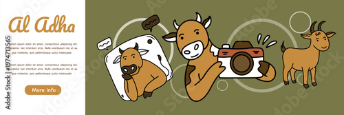 group of sacrificial farm animals standing together on green qurban banner background