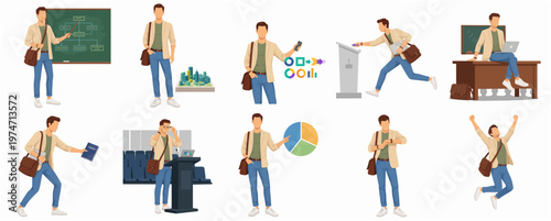 Flat Style Diverse Young Man in Different Situations Poses Illustration