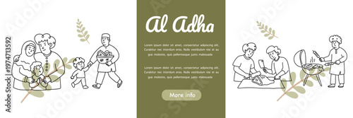 split banner showing people walking to mosque and preparing qurban meat feast