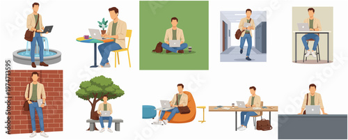Set of Flat Style Various Poses Man Working with Laptop Illustration