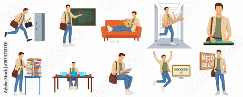Diverse Flat Illustration College Student in Various Activities and Poses Set